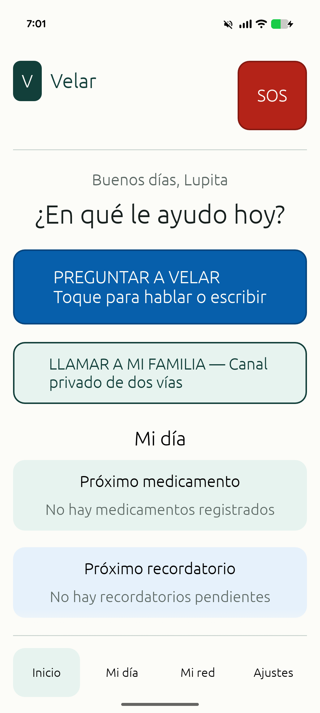 Pantalla real de inicio de Velar instalada en un Pixel, con las acciones Preguntar, Llamar a mi familia y Mi día