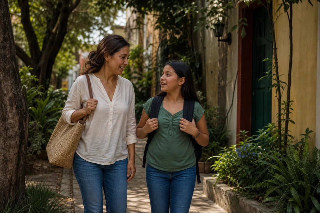 Una madre y su hija con mochila conversan al caminar juntas por un patio arbolado.